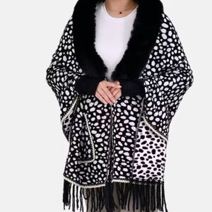 Black Leopard Abstract Faux Fur Ruana with Rope Trim, Fringe and Pockets - One S